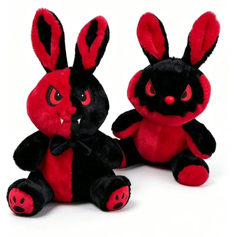 2026 New Gothic Devil Bunny Plush Toy Black Red Split Face Evil Rabbit Stuffed Doll Spooky Horror Bunny Plushie Halloween Gift