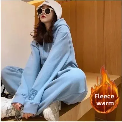 طقم رياضي نسائي سميك مبطن بالصوف فضفاض مناسب كاجوال مكون من قطعتين للخريف والشتاء على الطراز الكوري مريح