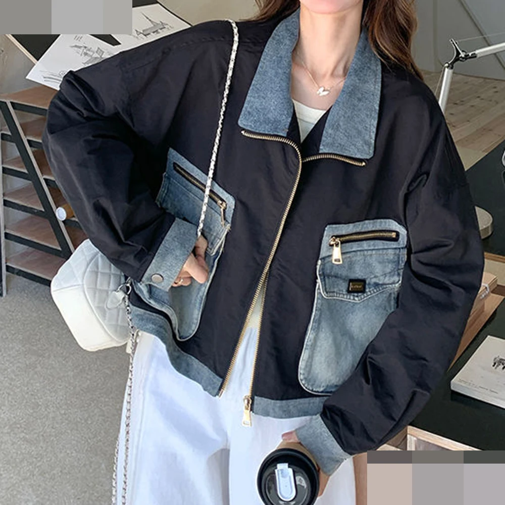 

Retro denim spliced jacket women's 2025 spring new small design sense fashion sweet cool short jacket