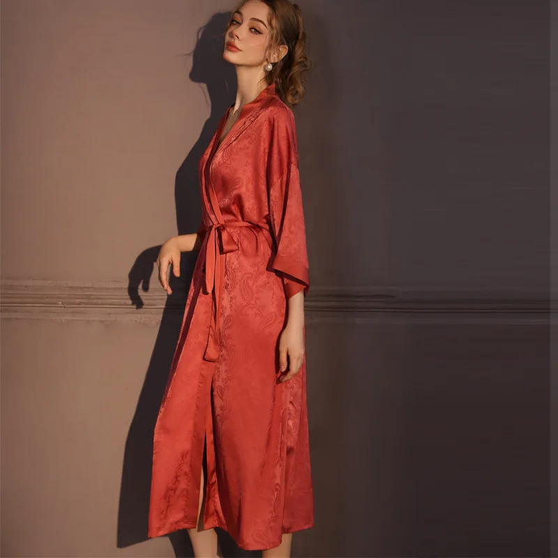 

Jacquard Ice Silk Nightgown Women Spring Summer Long Sleepwear Robe with Belt Intimate Lingerie Sexy Bathrobe Kimono Homewear