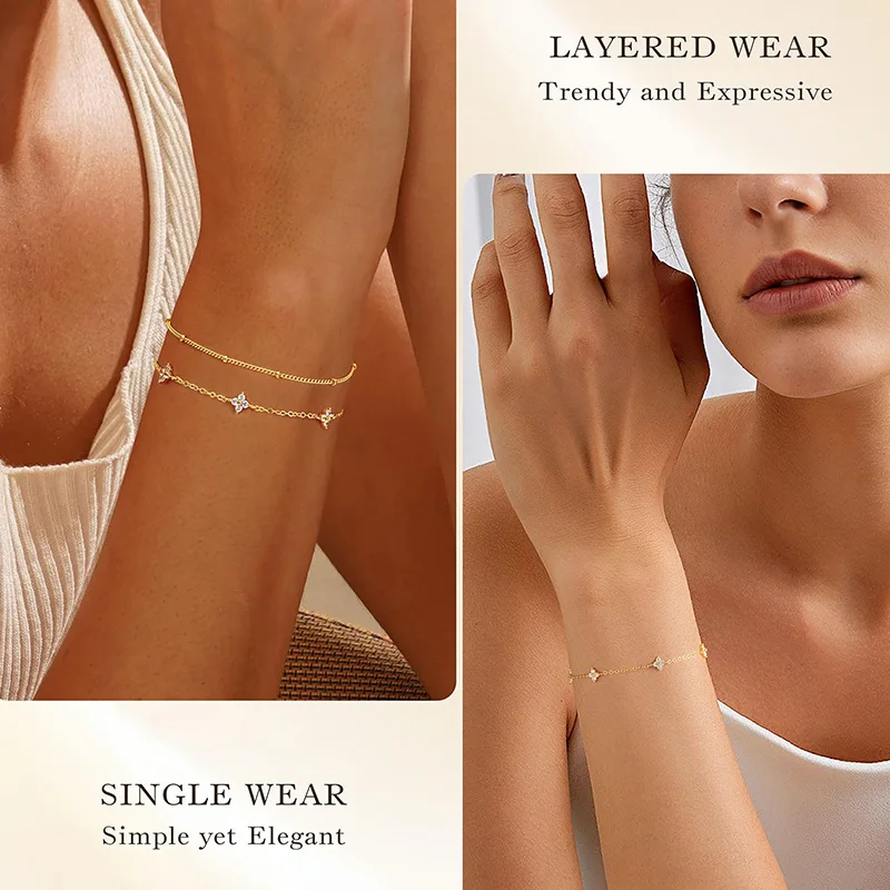 14K Vergoldete Armbänder für Damen Zierliches CZ Kleeblatt-Blumen-Set Stapelbare Armbänder Geburtstags-Schmuckgeschenke für Frauen und Mädchen – Detail 4