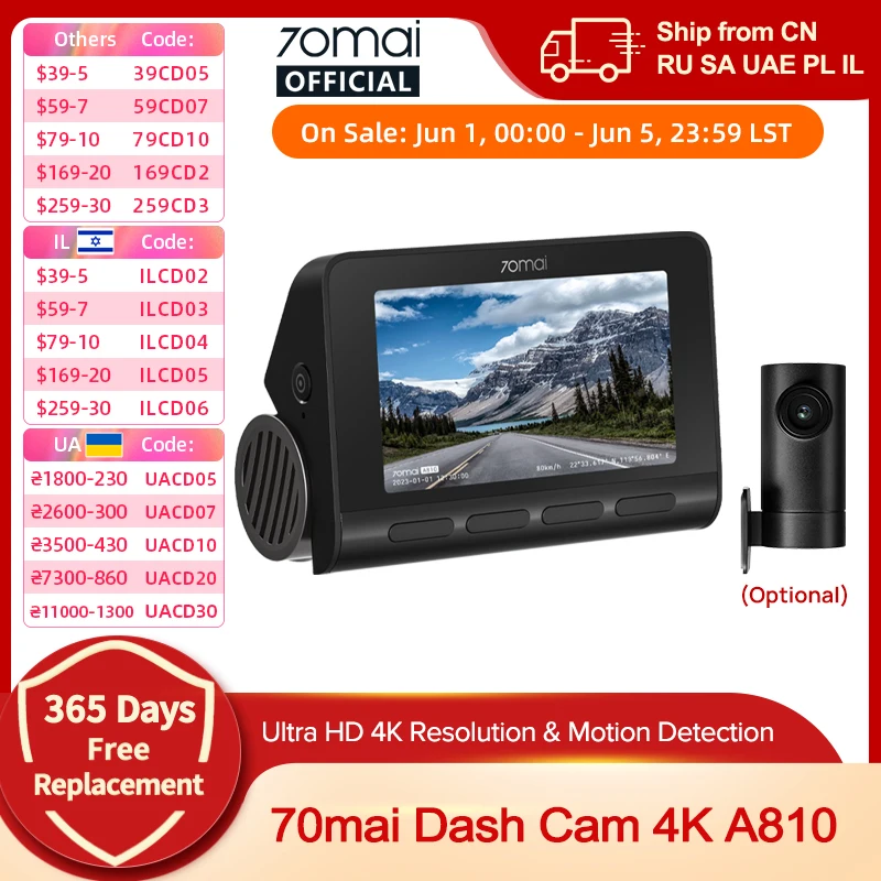 70mai 4K Dash Cam A810 Ultra HD Integriertes GPS ADAS Auto Record 150FOV Bewegungserkennung 70mai