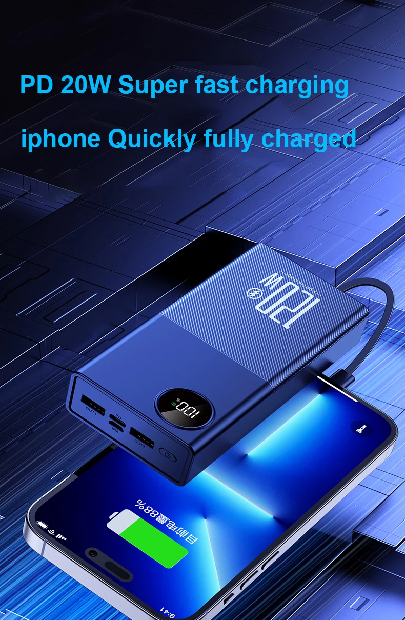 10000mAh portable power bank with four types of charging cables suitable for camping, tourism, and business trips