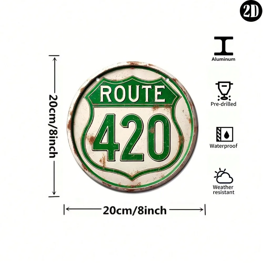 Route 420 Highway Shield Distressed Tin Sign - Vintage Durable Metal Plaque Wall Decor, Retro Road Trip Bar Man Cave Wall Art