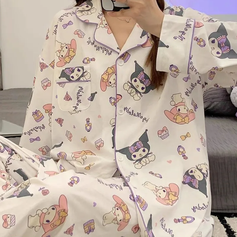 New Sanrio Kuromi Pajamas Melody Women Spring Cute Korean Fashion Print Long Sleeve Sleepwear Cartoon Pajama Set Home Clothe Y2k