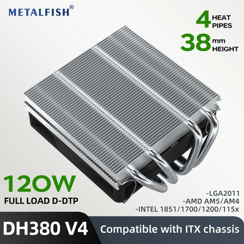 METALFISH-enfriador de CPU de perfil bajo DH380, radiador de 4 tubos de calor de 38mm de altura para plataforma compacta 1700/1200/115x/AM5 AM4 Mini ITX