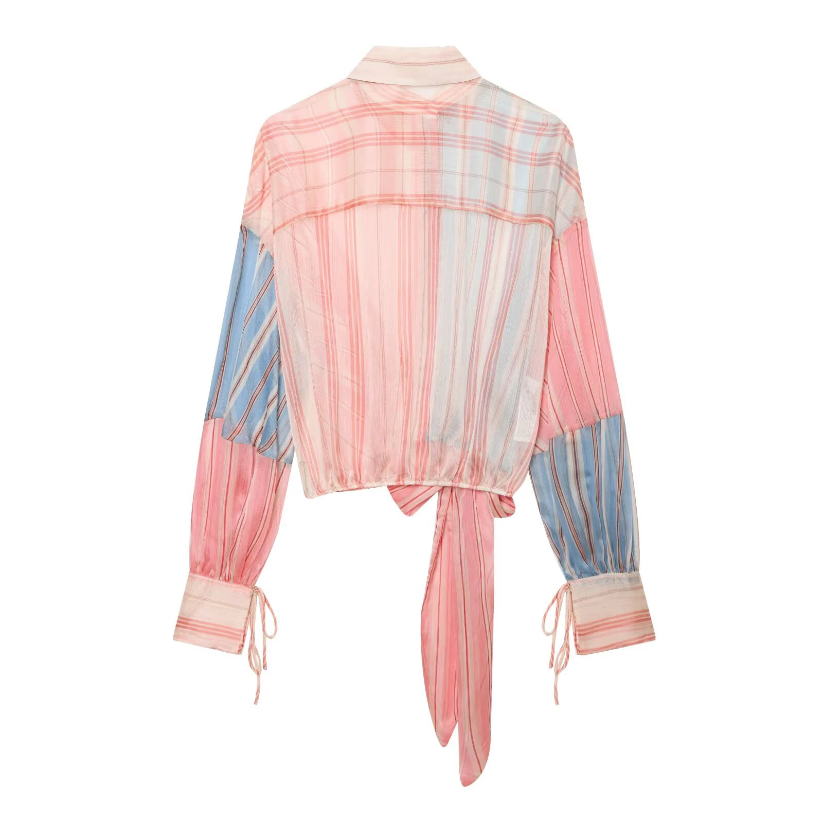 2026 Summer New Women's Simple and Casual Loose Top Micro Transparent Color blocked Stripe Splicing Bow Tie up Shirt