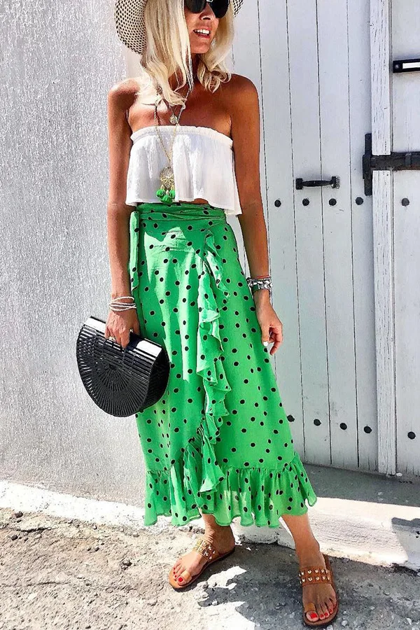 SKMY 2024 Summer Ruffle Irregular Maxi Skirt Strap Streetwear Fashion Green Pokal Dot Print Long Skirt Clothes For Women