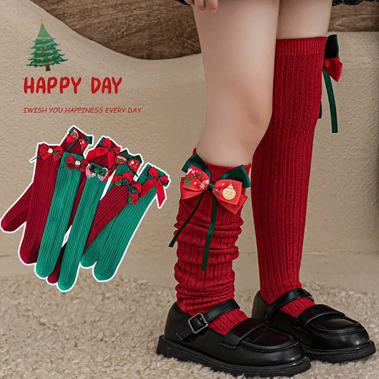 

Рождественские детские носки с красным бантом, длинные носки до середины икры для девочек, зимние теплые вязаные чулки, хлопковые детские гольфы