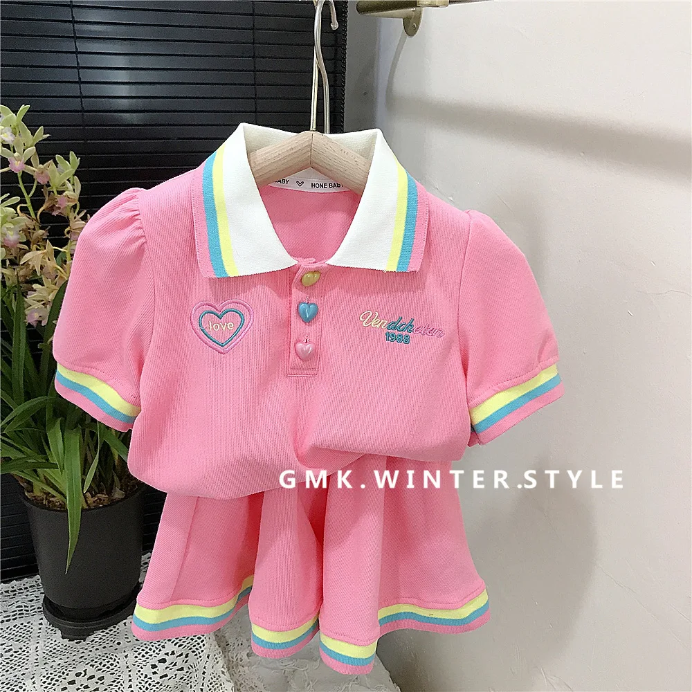 Summer Toddler Girl 2PCS Clothes Set Love Button Embroidery Letter Polo Shirt Loose Striped Contrast Hem Shorts Baby Girl Outfit