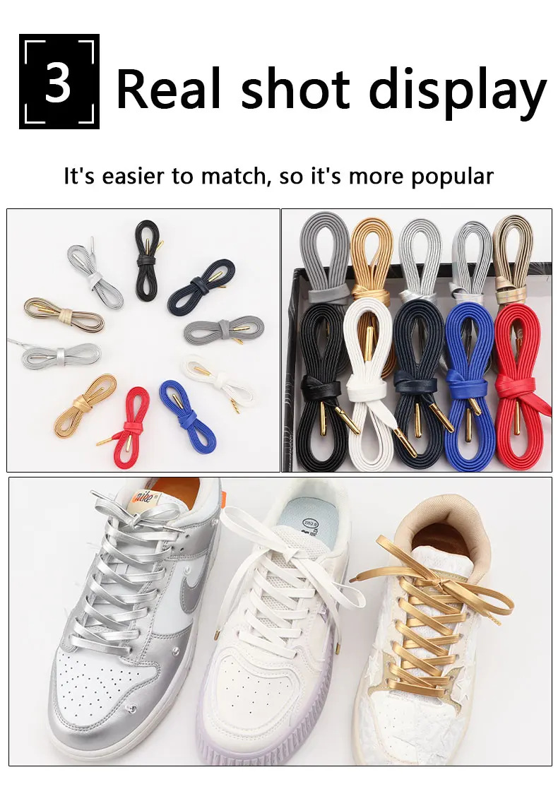 Neue Gold-Silber Flache Seilschnürsenkel Luxuriöse Kunstleder-Schnürsenkel mit Metallkopf für Sneakers und Freizeitschuhe 80/100/120/140/160cm – Detail 6