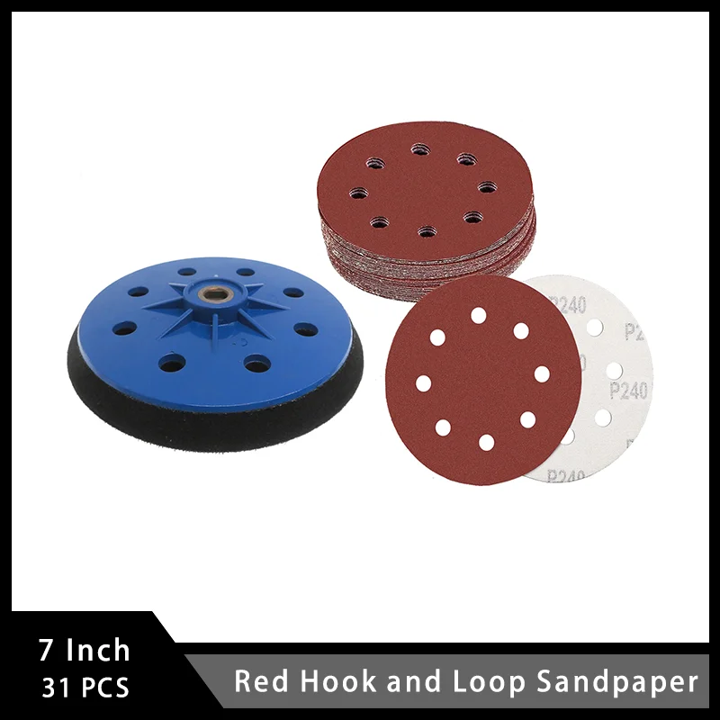 

7 Inch 8 Hole Red Hook and Loop Sandpaper 31 Pcs with Replacement Sander Pad for Polishing Metal Drywall Rubber Leather Plastic