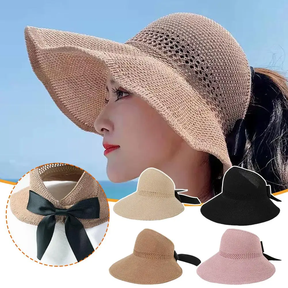 Summer Straw Hat For Women Korean Bow Empty Hats Foldable Uv Wide Brim Female Beach Visor Caps H8g2