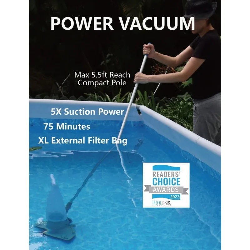 2024 Rechargeable Cordless Pool Leaf Vacuum, 30GPM Strong Suction, 75 min Runtime, XL Heavy Duty Filter Bag, Leaves and