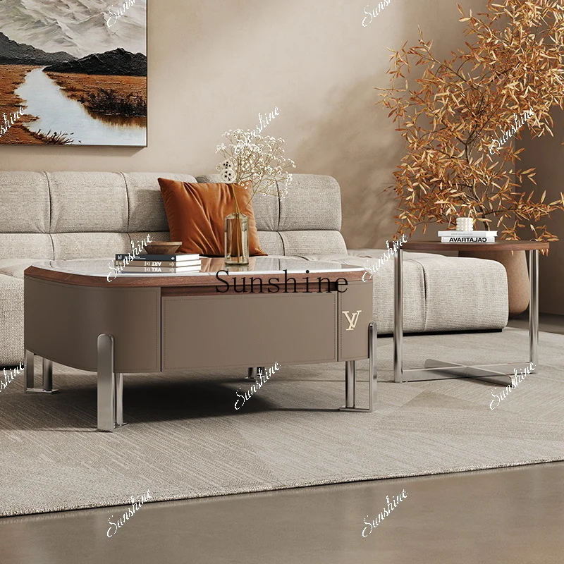 Saddle leather square combination double pumping storage living room household small apartment coffee table TF