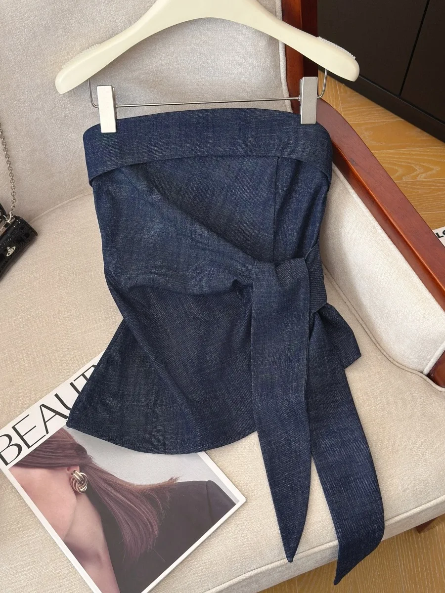 

Sexy Short Shoulder Bared Denim Tube Top for Women Summer New Style Slimming Knot Waistband Girl Hot Girl Fashionable Shirt