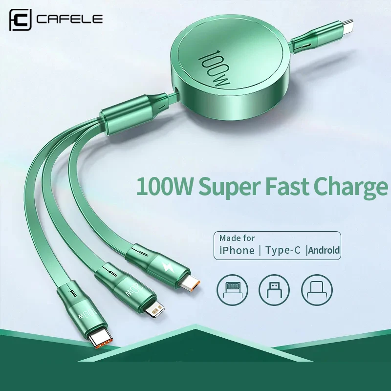 

CAFELE USB C to Micro Lightning Type C 3 in 1 Retractable Cable for Iphone 100W 5A Fast Charging Phone Charger Line Data Cord