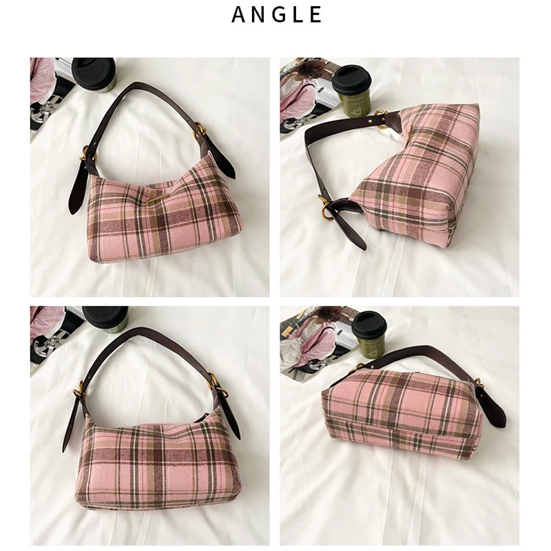 Karierte Hobo-Schultertasche, Retro-Handtasche aus kariertem Stoff, Y2k Vintage-Handtasche, Herbst-Winter-Handtasche für Damen, ideal für den täglichen Gebrauch. – Detail 2