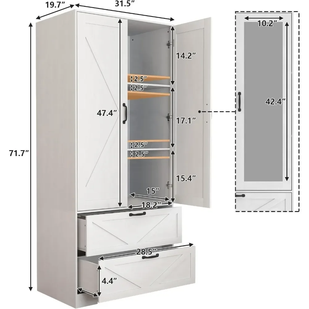 Armoire Wardrobe Closet with Mirror Door and 2 Drawer,Farmhouse Bedroom Armoire Cabinet with Hanging Rod and Light,Wooden