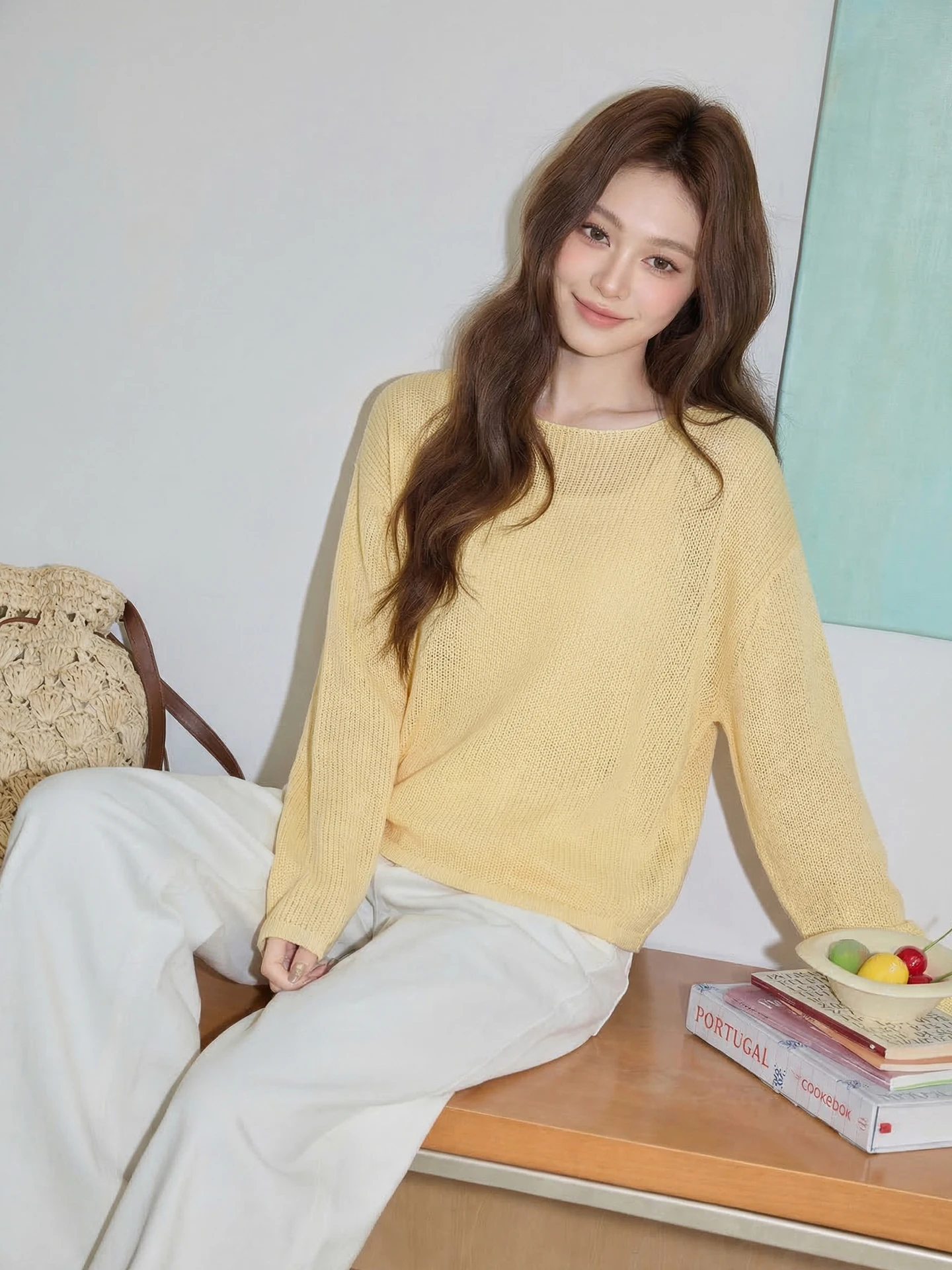 

Summer New Yellow Knitted Cover up Dopane Color System Korean Sle Two Piece Set Women's Casual Wear Sun Protection Long ...
