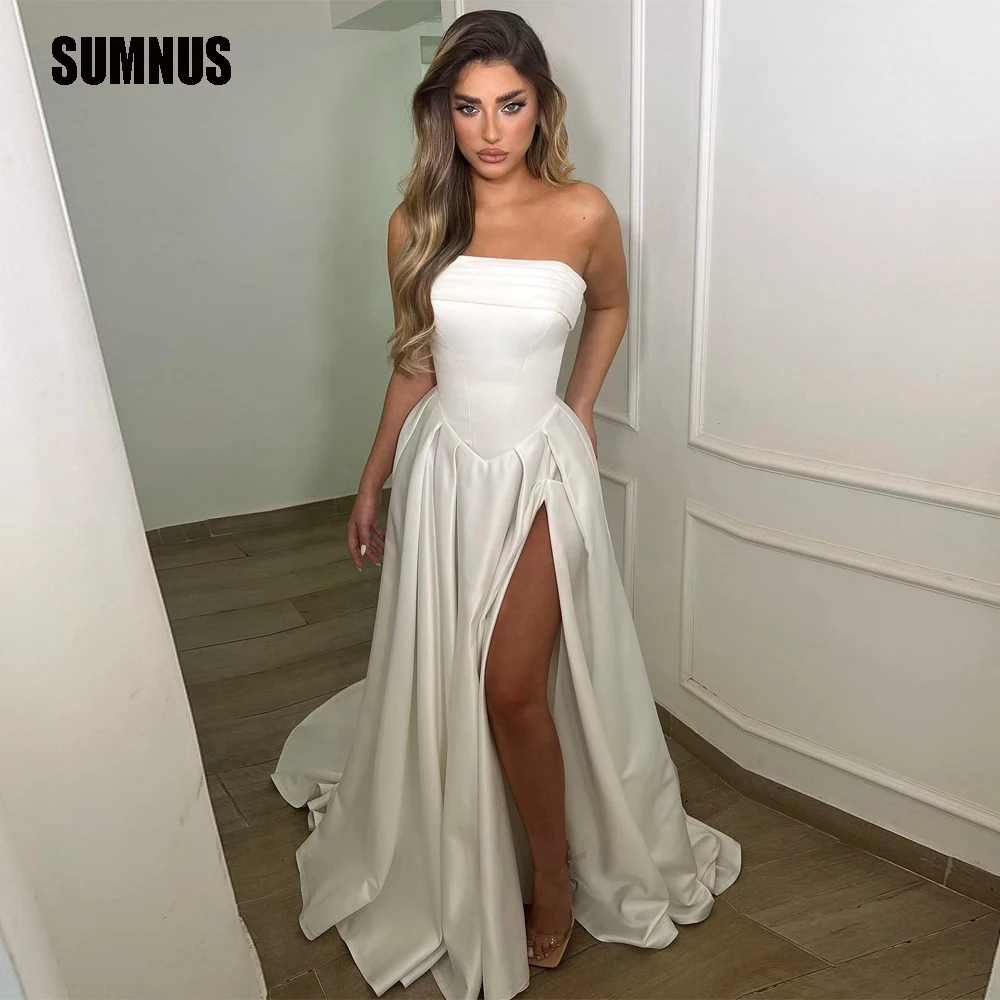 

SUMNUS Modern Strapless Wedding Dresses 2024 Sleeveless Satin Bridal Gowns Sexy Side Slit A Line Bride Vestido De Noiva Custom