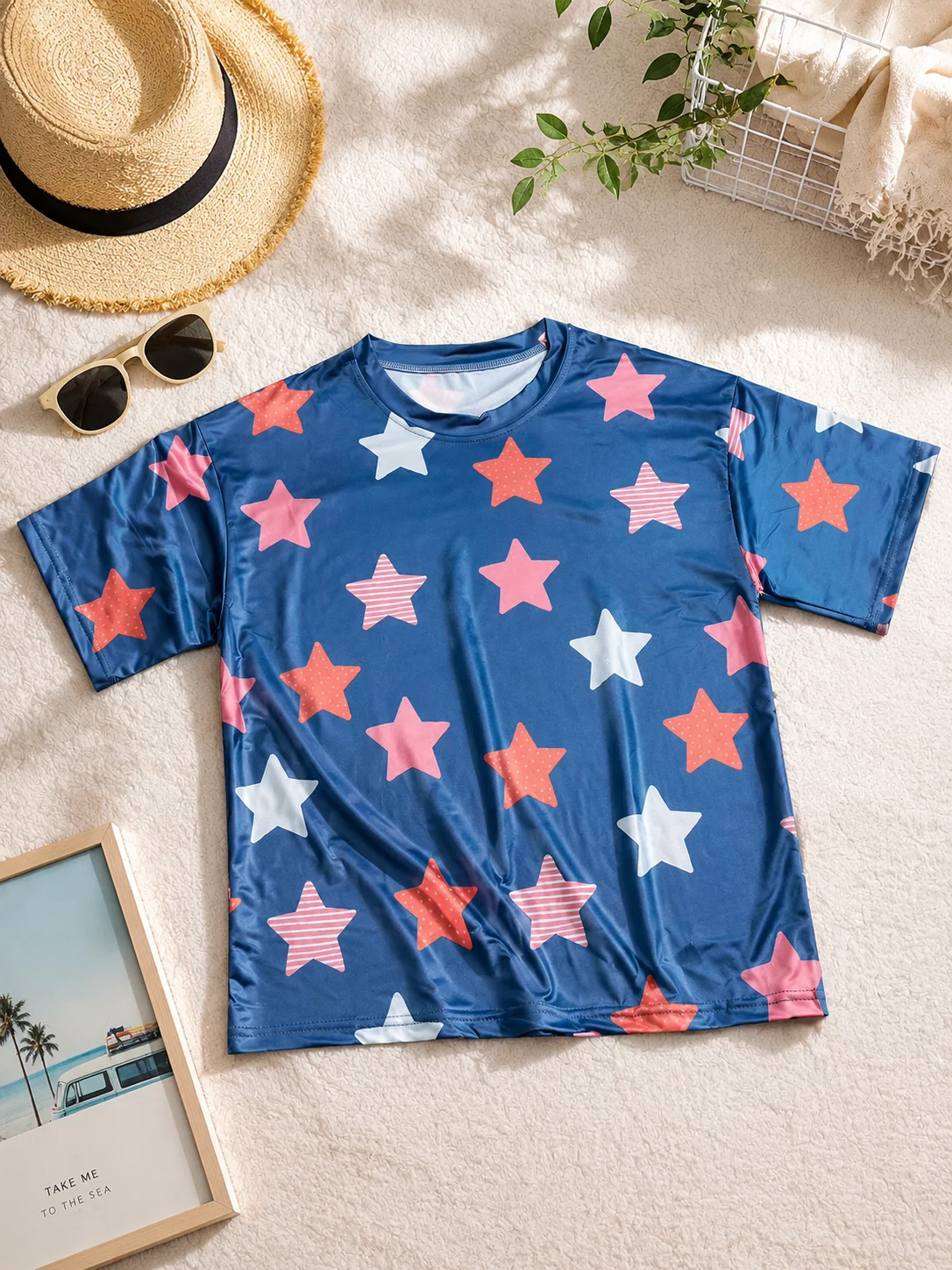 New Summer Cute Style Short-Sleeve Women's Homewear Top, Simple Blue Star Print T-Shirt, Fashionable Casual Round-Neck Short Sleeve