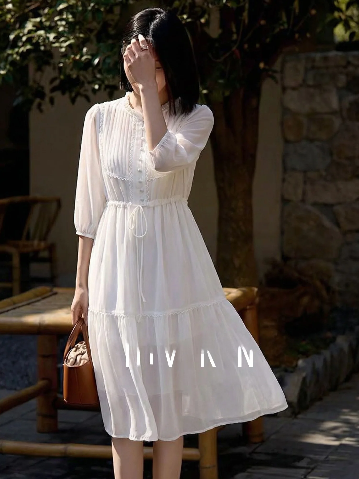 

Elegant Long Sleeve round Neck Chiffon Dress 2026 Summer Women's Fashion Slimming Fairy Skirt Comfortable Polyester Fiber