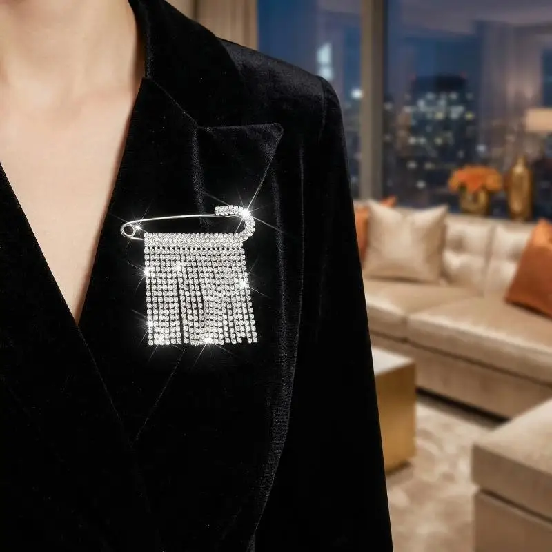 Rhinestone Tassel Brooch Pin For Women Unisex Style Lapel Sweater Pin For Suit Party Daily Wear Accessory
