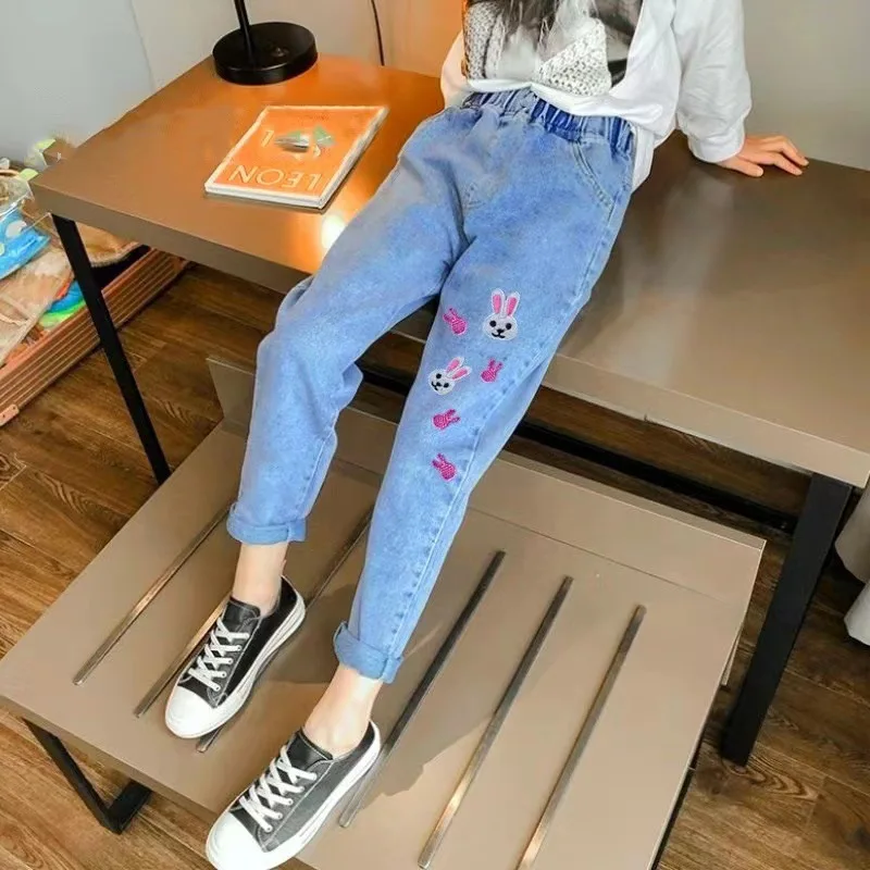 

Осенние новые джинсовые брюки для рабочей одежды для девочек, свободные широкие брюки прямого кроя, высокая талия с большими карманами, для похудения и мягкие