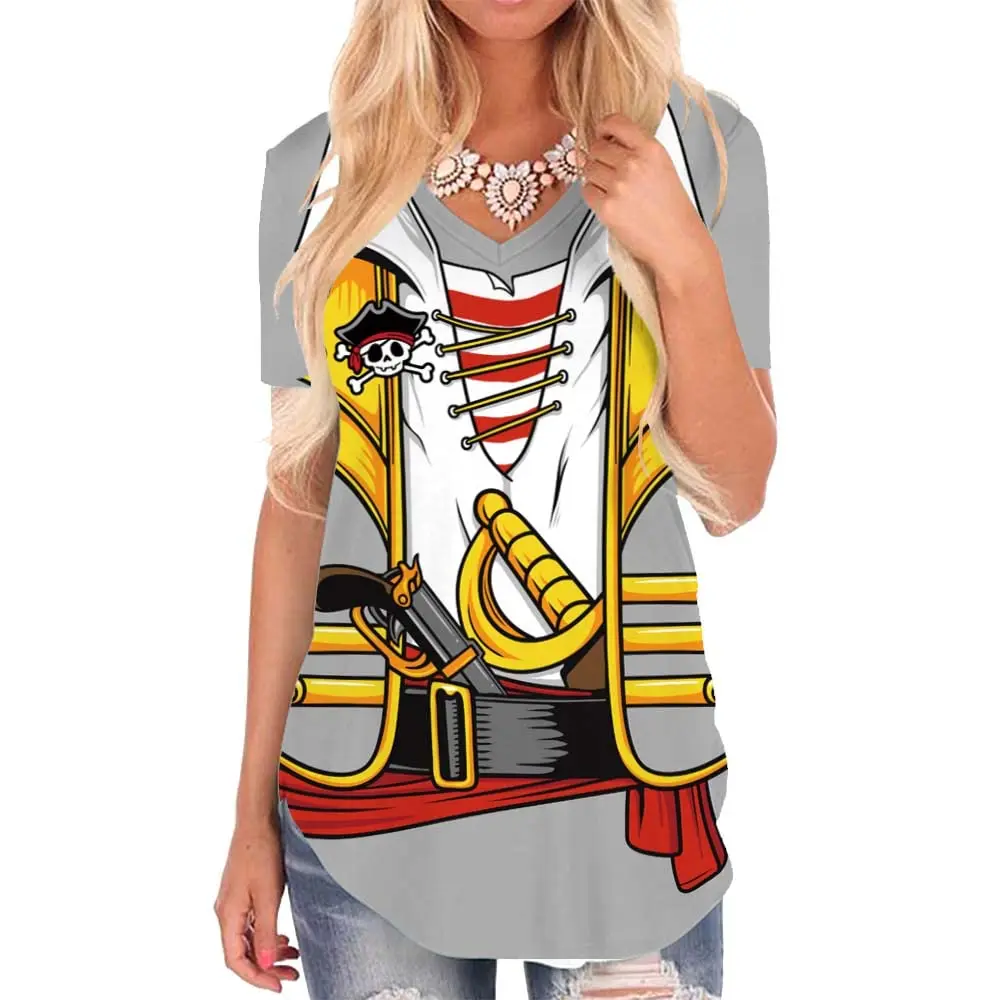 KYKU Pirate Shirt Costume Women V Neck Funny 3D Print Graphics Novelty Clothing