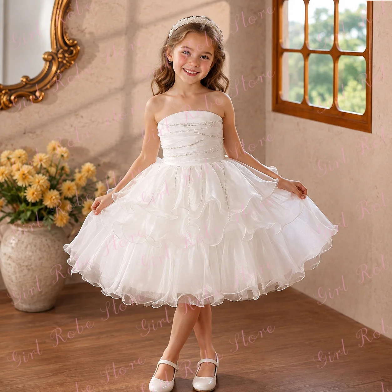 Customized White Lovely Flower Girl Dress For Wedding Beading Layered Knee Length Little Girl Photo Shoot Birthday Banquet Gown