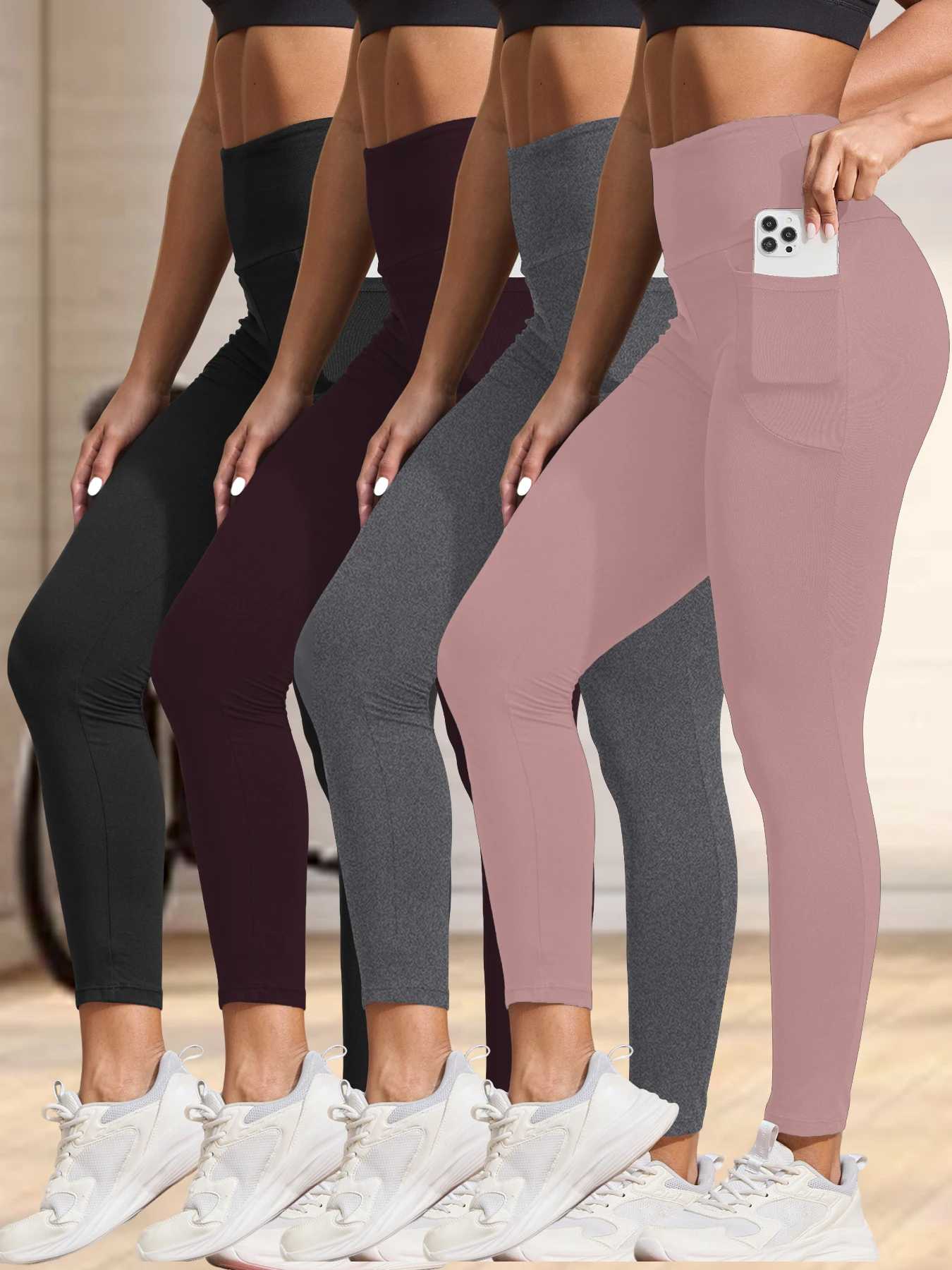 

4 Pack Super Soft Leggings with Pockets for Women, High Waisted Tummy Control Workout Yoga Running Pants Leggings