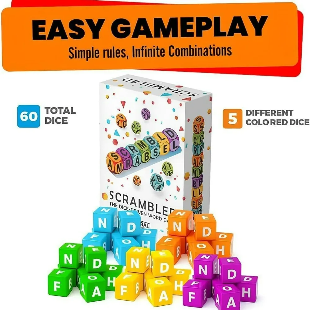 Scrambled Dice Word Game for 2-4 Players, Fun Scrabble Board Game, Brain Exercise Letter Dice Game, Christmas Family Party Game