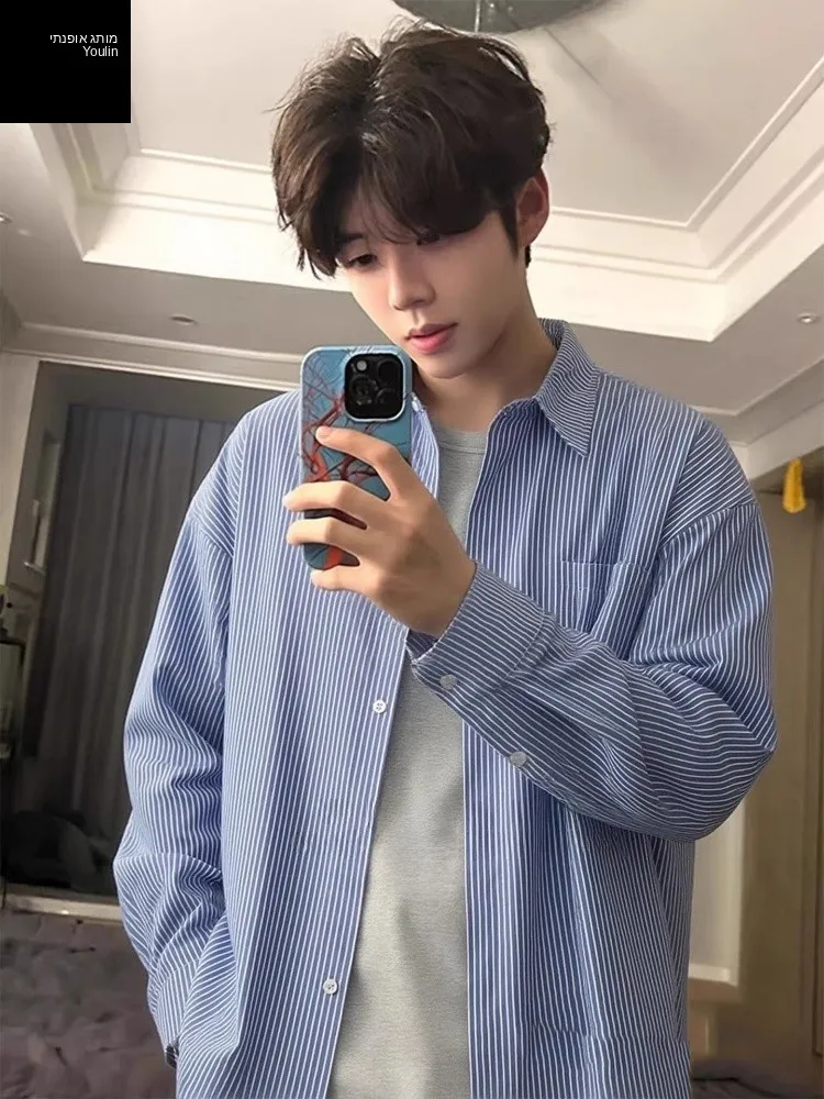 Blue Striped Long Sleeve Men's Shirt Spring Korean Style Lazy Collar CleanFit Jacket Youth Popular Standard Fit Daily Wear