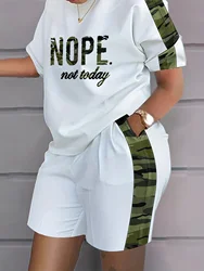 Plus Size Outfits Two Piece Set, Women's Plus Letter Print Contrast Panel Short Sleeve Tee & Shorts Outfits 2 Piece Set