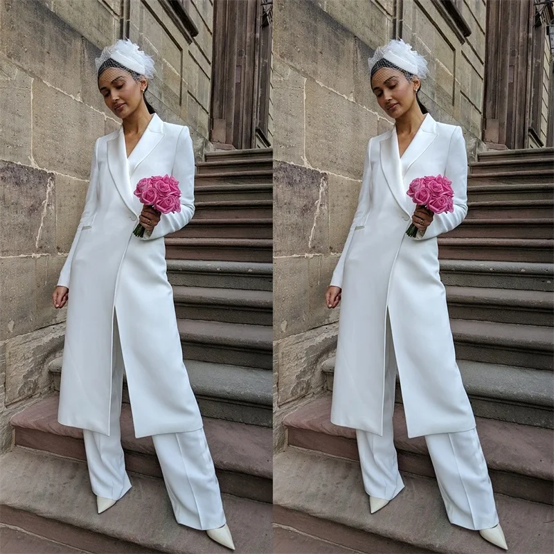 

2 Pcs White Long Women Suit Set Blazer+Pants Wedding Tuxedo Formal Office Lady Tailored Made One Button Prom Dress женский костю