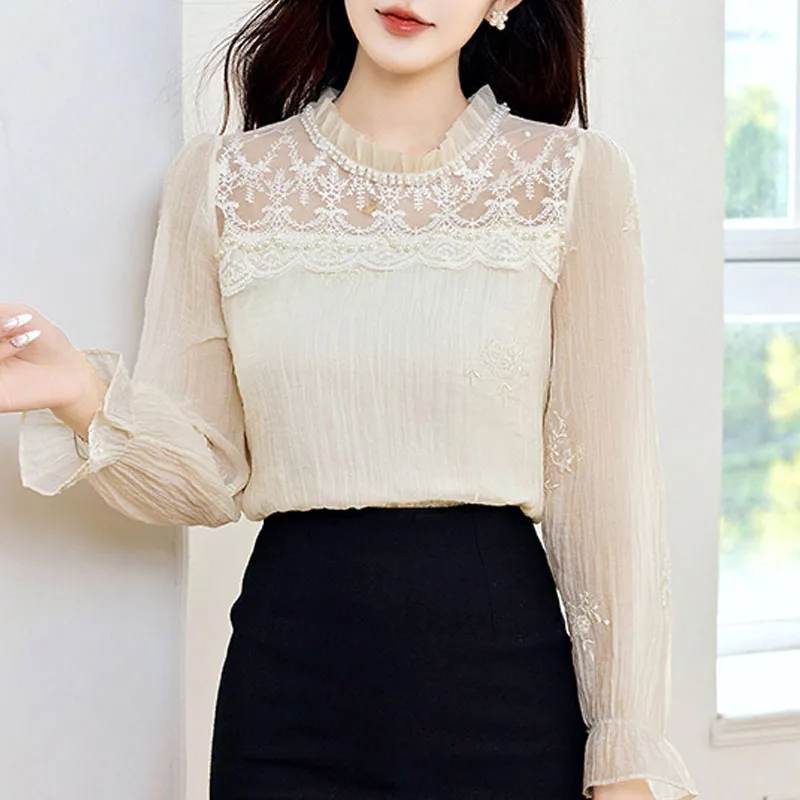 

Женская блузка-рубашка, новая блузка с длинным рукавом и рюшами на воротнике, вышивка бисером, рубашка, женские топы, блузки, рубашки Blusas Camisas Q1340