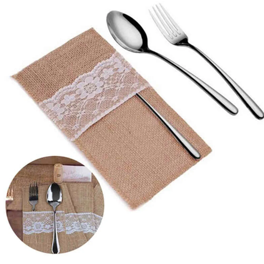 

8Pcs Lace Cutlery Bag Linen Fork Holder Non-Fading Tableware Storage Pouch Ideal for Wedding Banquet Party Home Use