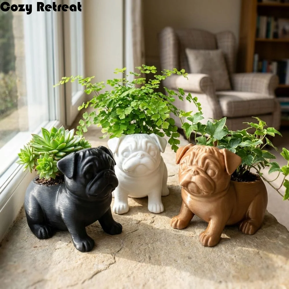 Modern 3D Printed Pug Shaped Planter Pot Funny Minimalist Animal Shaped Pot Handmade Plastic Storage Flower Pot Balcony Terrace