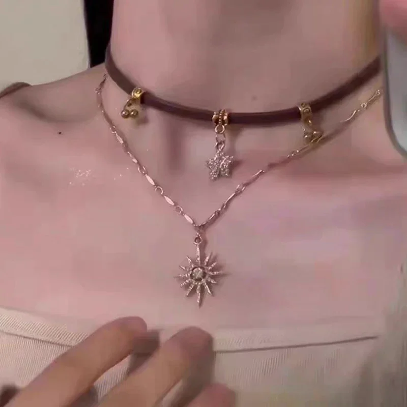 Fashion Women Vintage Leather Choker Necklace Double Layered Star Pendant Jewelry Adjustable Chain