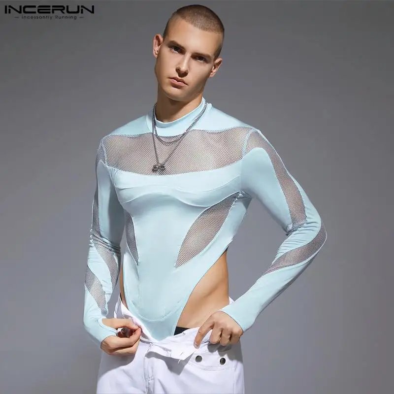 Men Bodysuits Mesh Patchwork Transparent Turtleneck Streetwear Long Sleeve Rompers Men 2023 Sexy Fashion Bodysuit S-3XL INCERUN