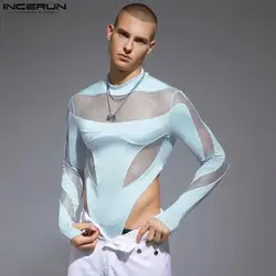 Incerun-malha patchwork transparente gola alta macacão de manga comprida dos homens, bodysuit moda sexy, streetwear, S-3XL, 2023