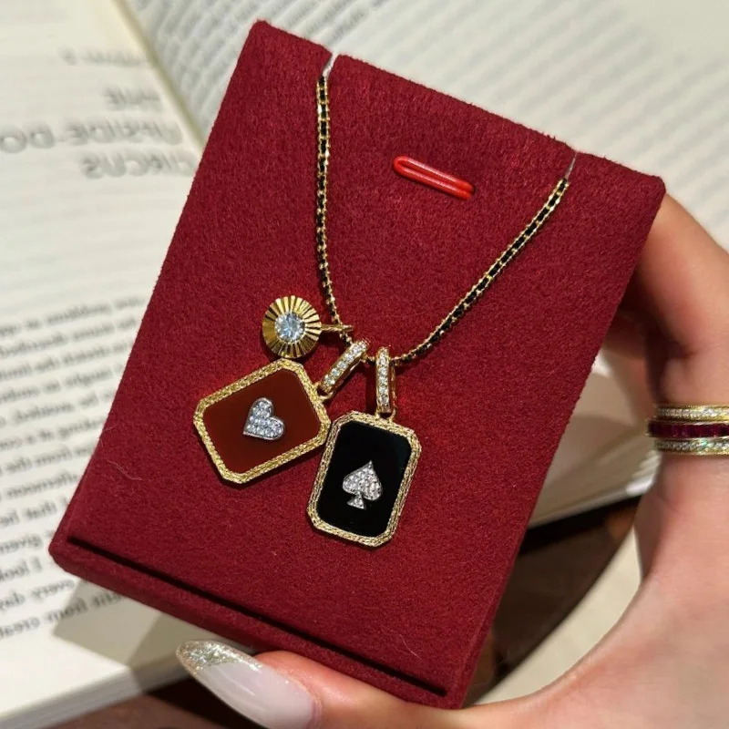 

Light luxury red and black poker necklace punk style shine square diamonds heart pendant collar chains banquet jewelry gift