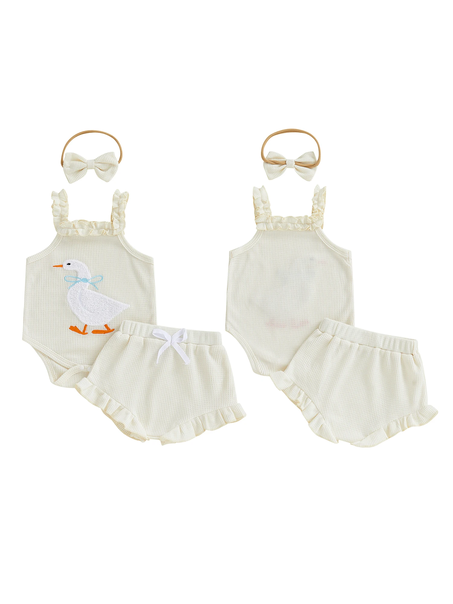 

Toddler Girl Floral Print Sleeveless Romper with Ruffle Shorts and Matching Headband Set for Summer Beach Outings