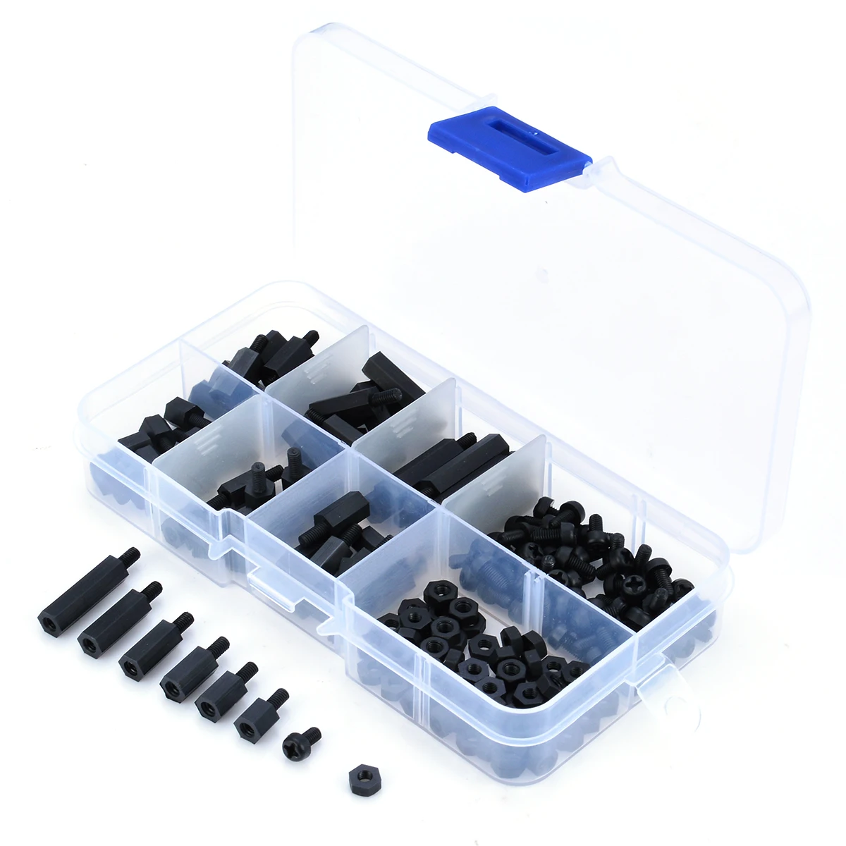 200pcs Black M2 M2.5 M3 M4 Nylon Hex Spacers Screw Nut Stand-off Kit Fasteners With Plastic Box For PC Board Electronics