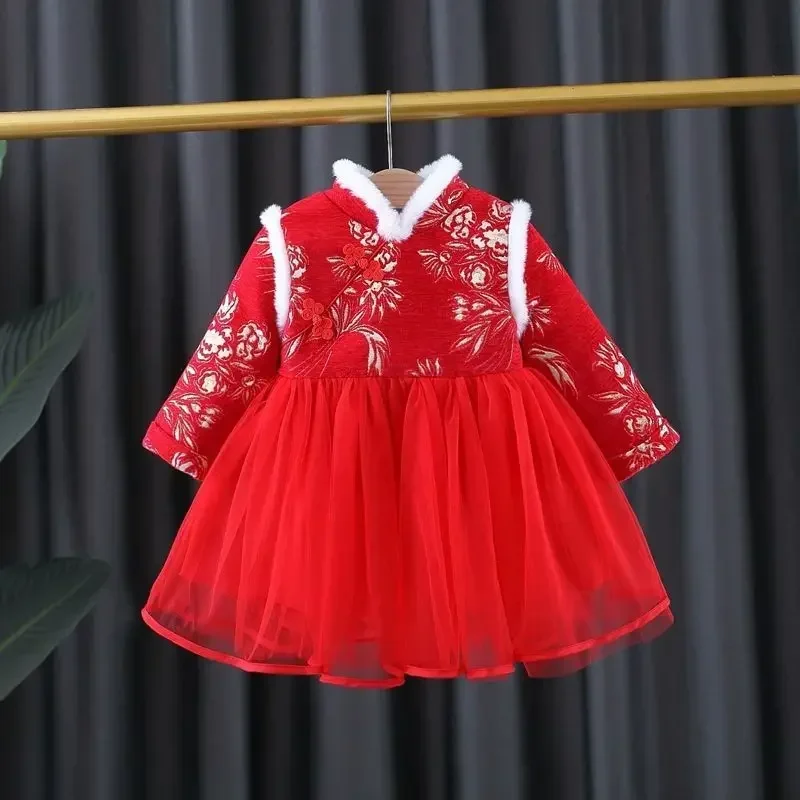 Fato infantil de veludo, vestido princesa hanfu, cheongsam grosso, vermelho, ano novo tradicional chinês, roupa de bebê, inverno