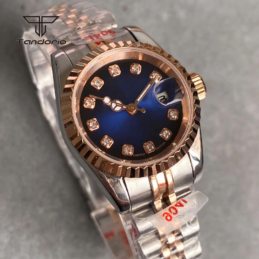 Fashion Two Tone 26mm Lady Wristwatch NH05 Rose Gold Steel Automatic Watch for Women Diamond Marks Date Sapphire Blue Sunburst