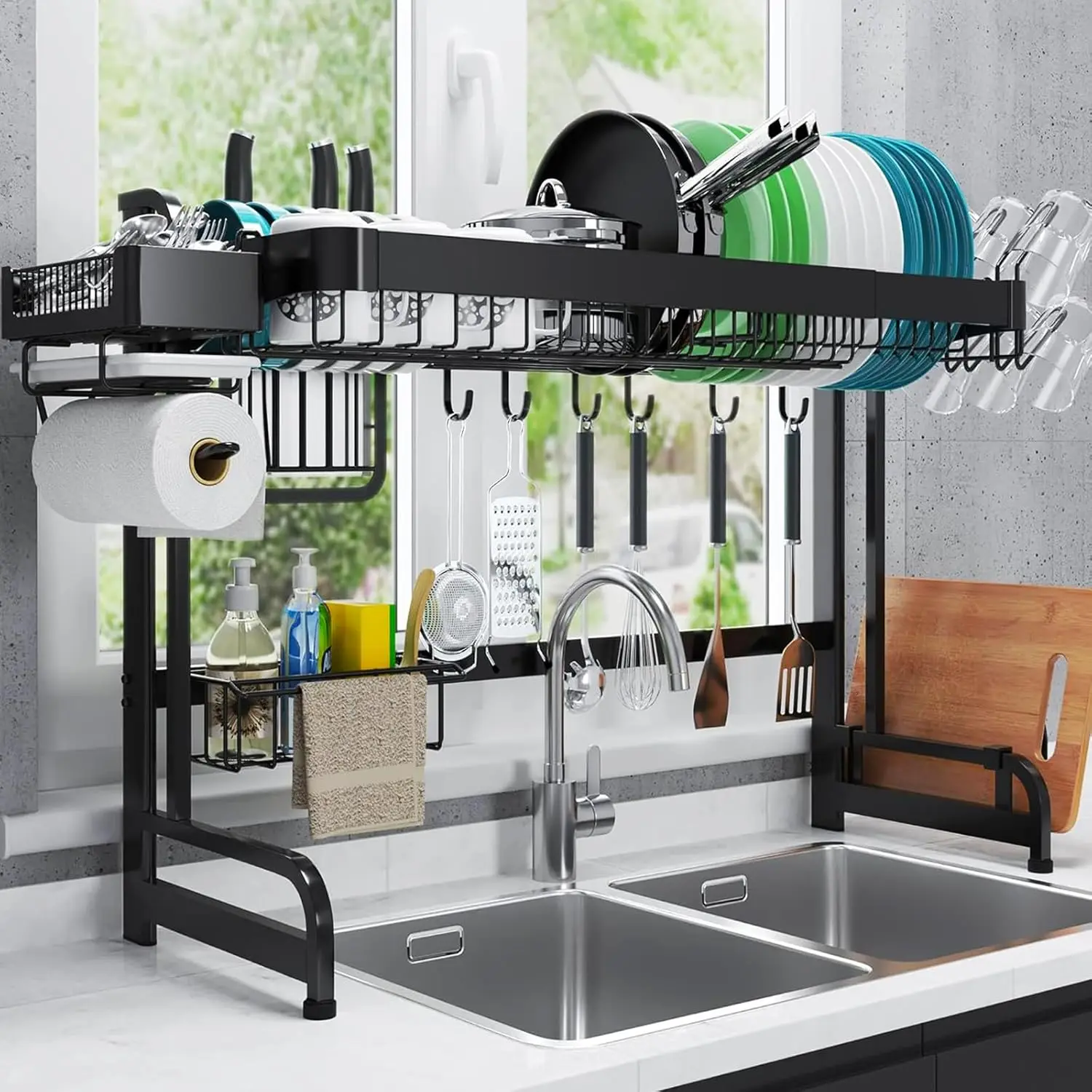 Over Sink Dish Rack: Full Stainless Steel Dish Drying Rack Over The Sink - Adjustable (25.6-37.6in) Width Kitchen Organizers