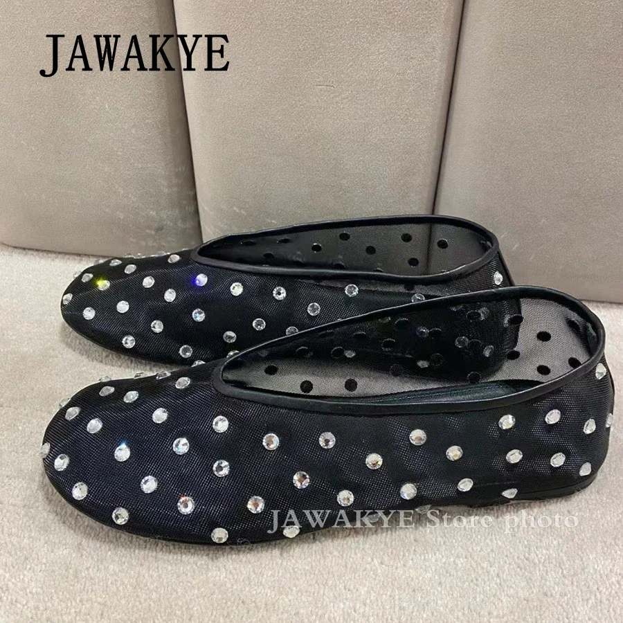 Blingbling Rhinestone Mesh Flat Ballet Shoes For Women Round Toe Soft Sole Net Loafers Summer Casual Walking Boat Shoes Female