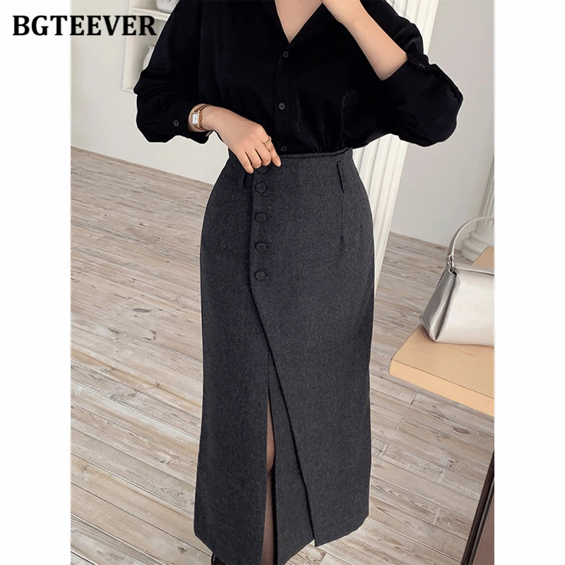 BGTEEVER Women's Wool-Blend Midi Skirt with Slit Front Buttons Hip Package Skirt Autumn Winter